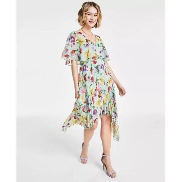 128$ kensie Pleated V-Neck Floral Asymmetric Chiffon Dress Size 8 Multicolor - Picture 1 of 4